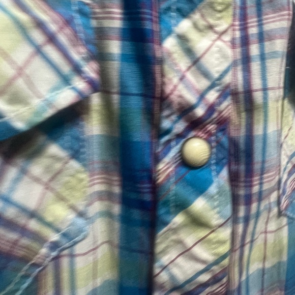 Rustic Ridge Blue/Purple/Yellow Plaid Western Button-up w/ Pearl Snap size Small - Picture 2 of 4